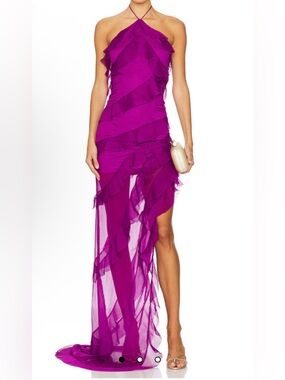 Elliatt Magenta Halter Ruffle High-Low Gown